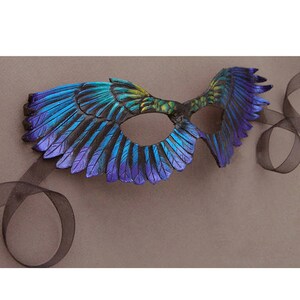 RESERVED for Hillary - Dusk Raven and Aurora Dragon Mask - Leather Raven Wings - Fantasy Bird Iridescent Blue and Purple Costume Mask