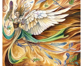 ORIGINAL Watercolor Painting - Discovery - Fantasy Angel With Feathers, Leaves, Wings Art