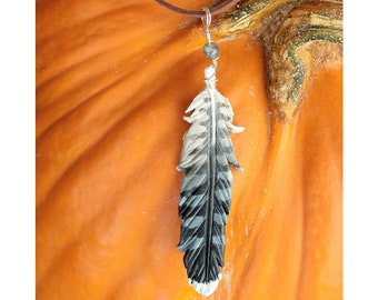 Peregrine Falcon Leather Feather Pendant - Bird of Prey Raptor Leather Feather Necklace with Labradorite Bead - 3 inches