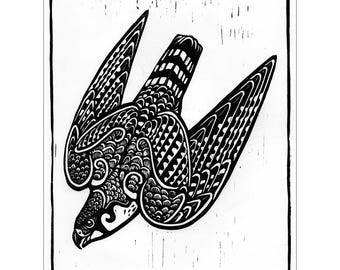 Falcão em mergulho - Xilogravura - Gravura original em linóleo esculpido - Arte de ave de rapina