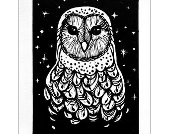 Coruja Celestial - Xilogravura - Gravura Original em Linogravura - Arte Fantástica de Pássaro