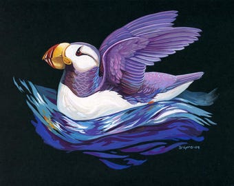 Série Fiordes de Kenai: Papagaio-do-mar-de-crista - Arte de ave selvagem de 20 x 25 cm