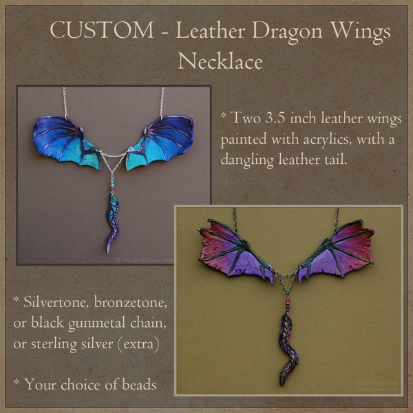 CUSTOM Leather Dragon Wings Necklace with Dangling Tail - Fantasy Pendant