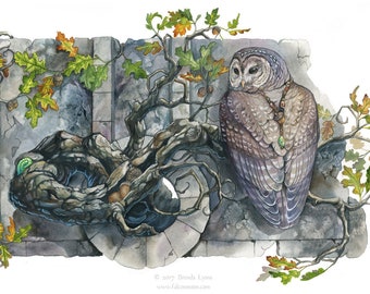 Guardião de Pedra II - IMPRESSÃO - Impressão de Coruja Fantástica em Aquarela sobre Árvore com Detalhes em Pedra e Folhas