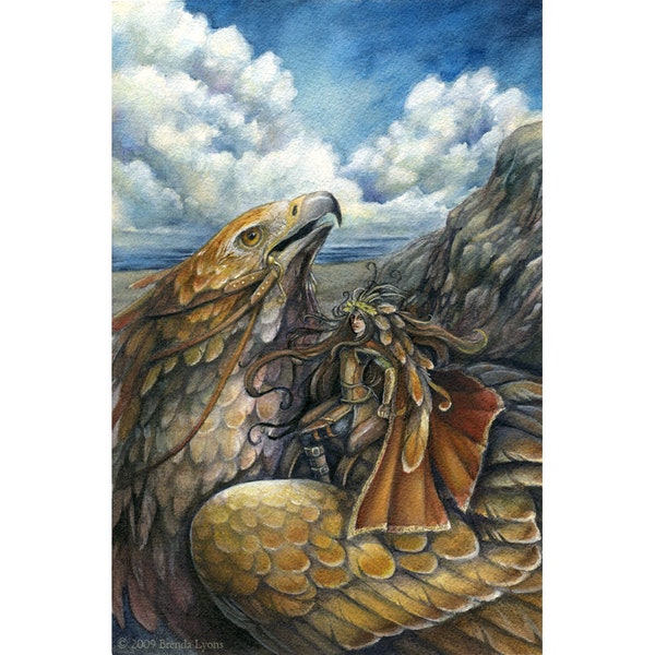 ORIGINAL Watercolor Painting - To The Sky - Gryphon Rider Fantasy Woman Landscape Art