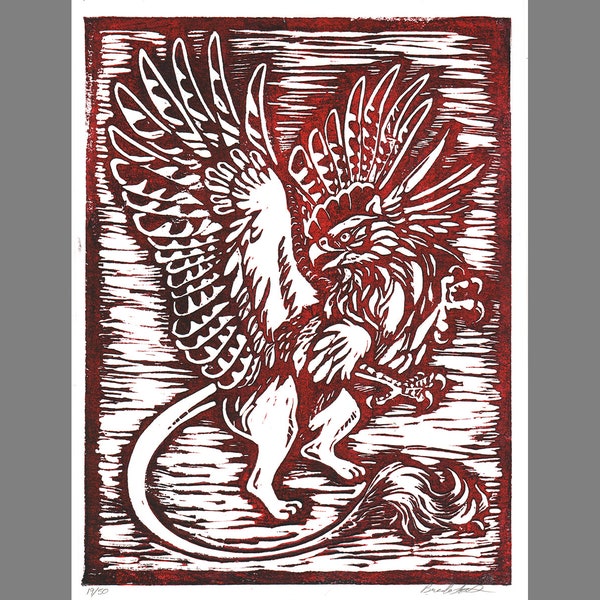 Gryphon Rampant - Block Print - Original Carved Block Print Fantasy Art - Limited Edition Run of 50