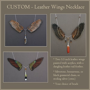 CUSTOM Leather Wings Necklace Bird Wing Pendant with Dangling Leather Feather image 1