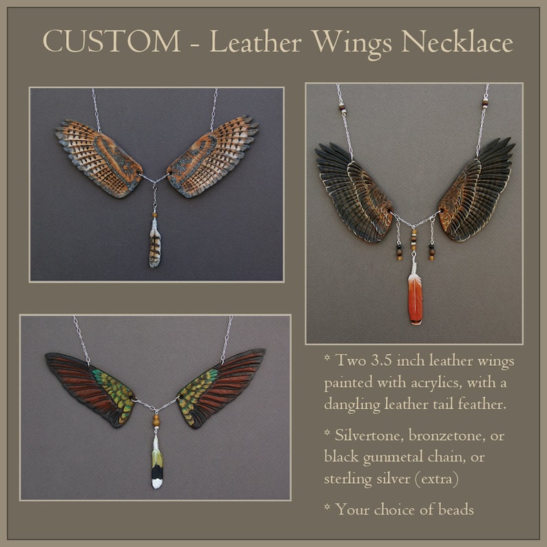 CUSTOM Leather Wings Necklace Bird Wing Pendant with Dangling Leather Feather image 1