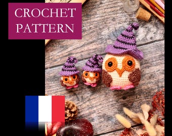 May include: Three crocheted owl figures with orange, cream, and brown bodies, wearing purple witch hats. The owls are arranged in a row on a wooden surface. The text "CROCHET PATTERN" is in a purple box in the upper left corner.