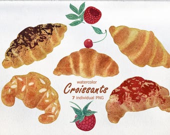 Watercolor Croissants Clipart PNG, French Bakery Graphics, Pastry Illustrations, Berry Croissants Digital Download