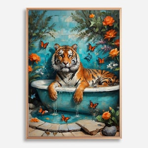 Majestic Tiger in a Bathtub Wall Art – Maximalist Oil Painting Poster with Lush Florals & Butterflies, Bold Wildlife Digital Poster