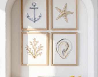 Neutrales Küsten Wand Kunst Set: Seestern, Anker, Koralle, Auster (Digitaler Download)