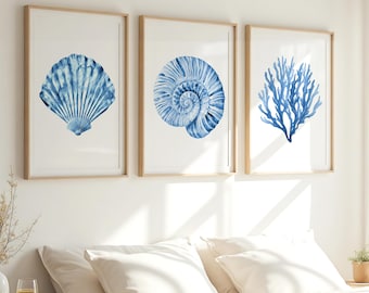 Blue Coastal Wall Art Set: Seashell & Coral Watercolor Prints (Digital Download