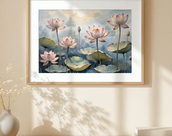 Vintage Lotus Flower Art Print: Pastel Botanical Wall Decor (PDF Files)
