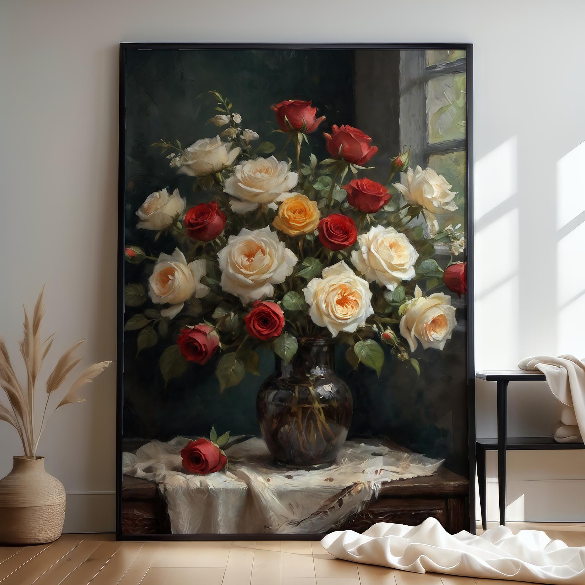 Romantic Rose Bouquet Still Life Wall Art - Vintage Floral Art, Elegant ...