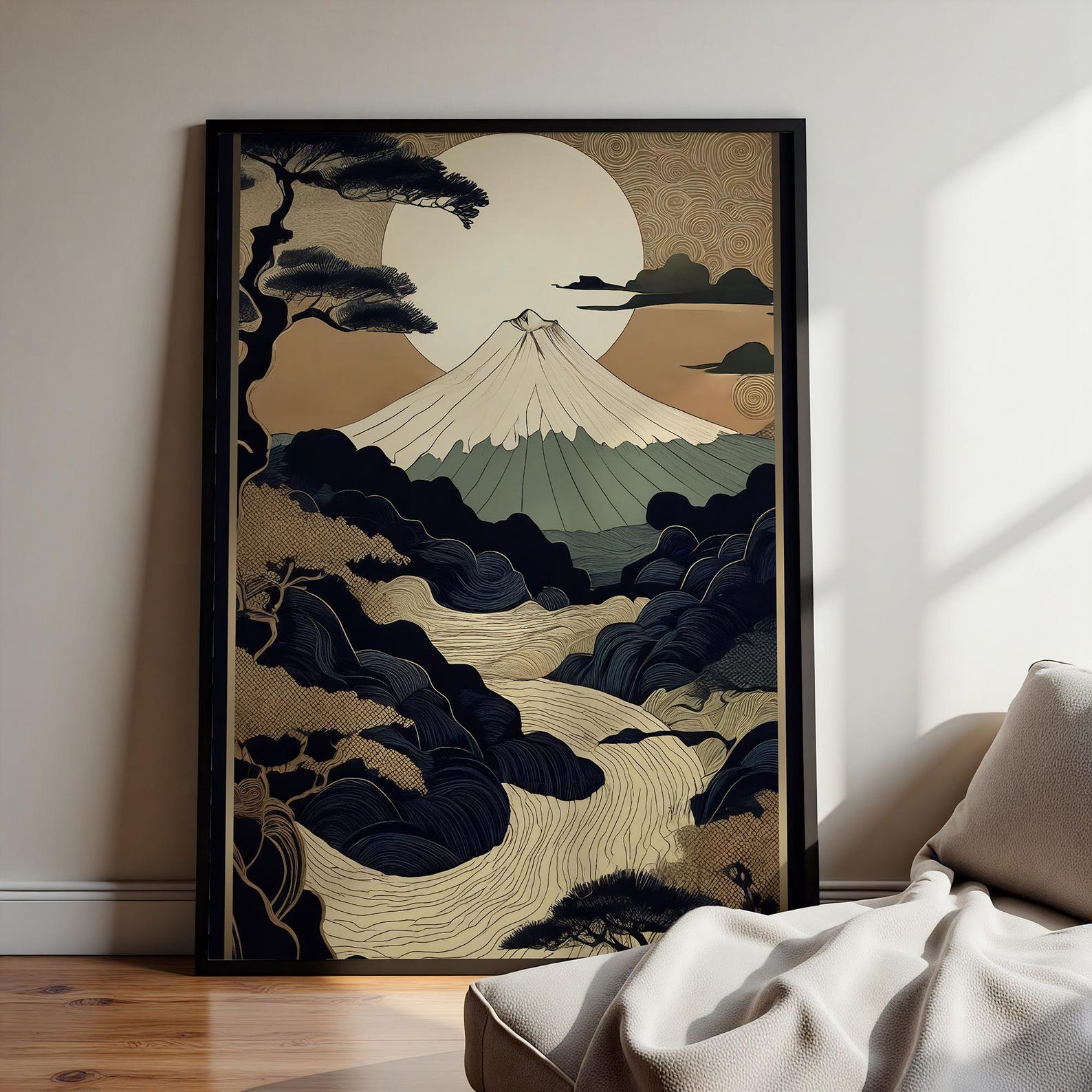 Black and Gold Japanese Landscape Art Print: Ukiyo-e Japandi Style ...