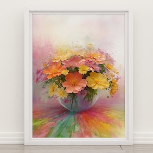 Impresión de flores de verano en jarrón, impresión digital de jarrón floral de acuarela, póster de flores silvestres brillantes, arte mural de verano colorido, decoración de cocina en tonos pastel