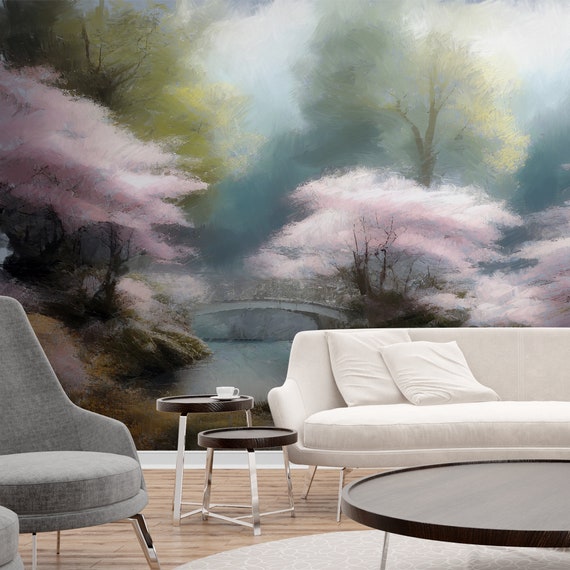 Custom Sakura Garden House Wallpaper
