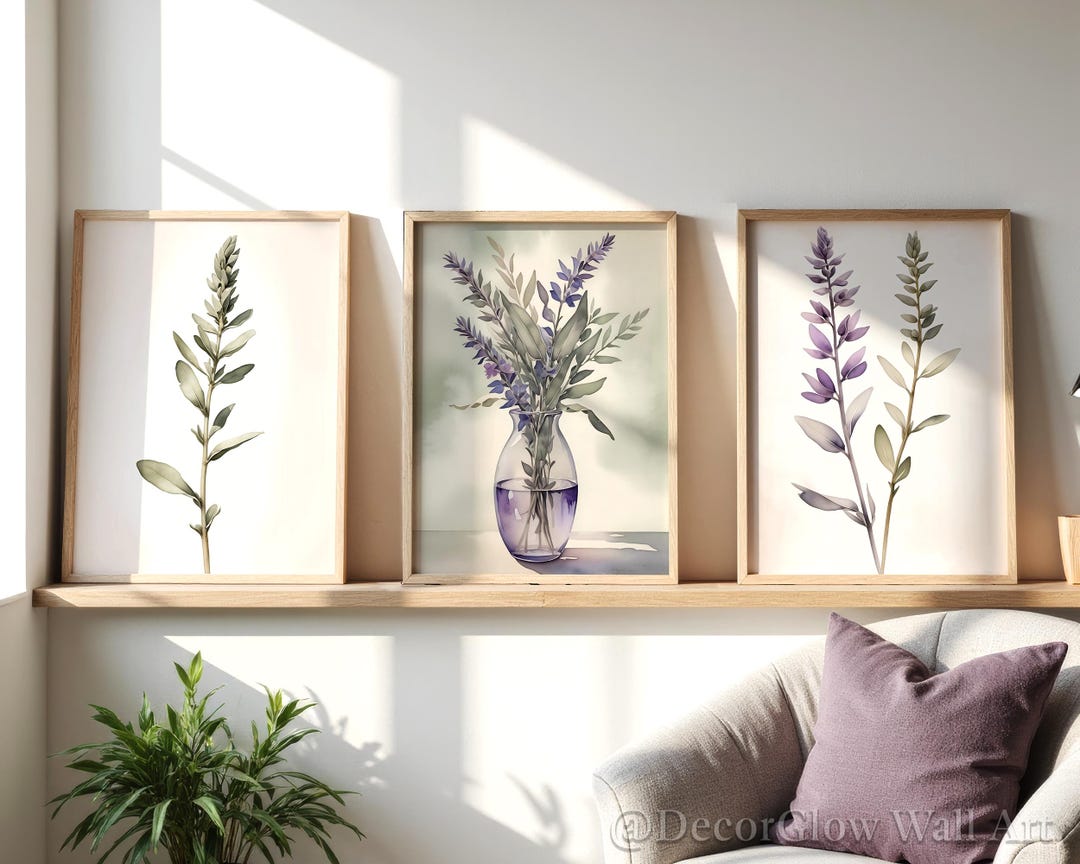 Watercolor Floral Print Set: Lilac Flowers and Green Leaves Botanical ...