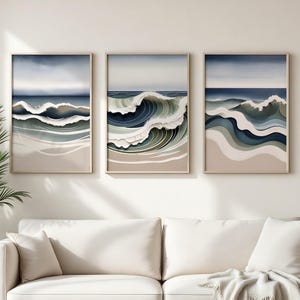 Japandi Ocean Wave Wall Art – Minimalist Coastal Print Set, Zen Seascape Decor - Instant Download