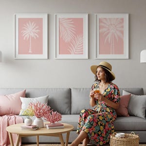 Coastal Palm Wall Art Set – Pink Tropical Prints, Minimalist Beach Decor, Palm Tree Line Art, Instant Download
