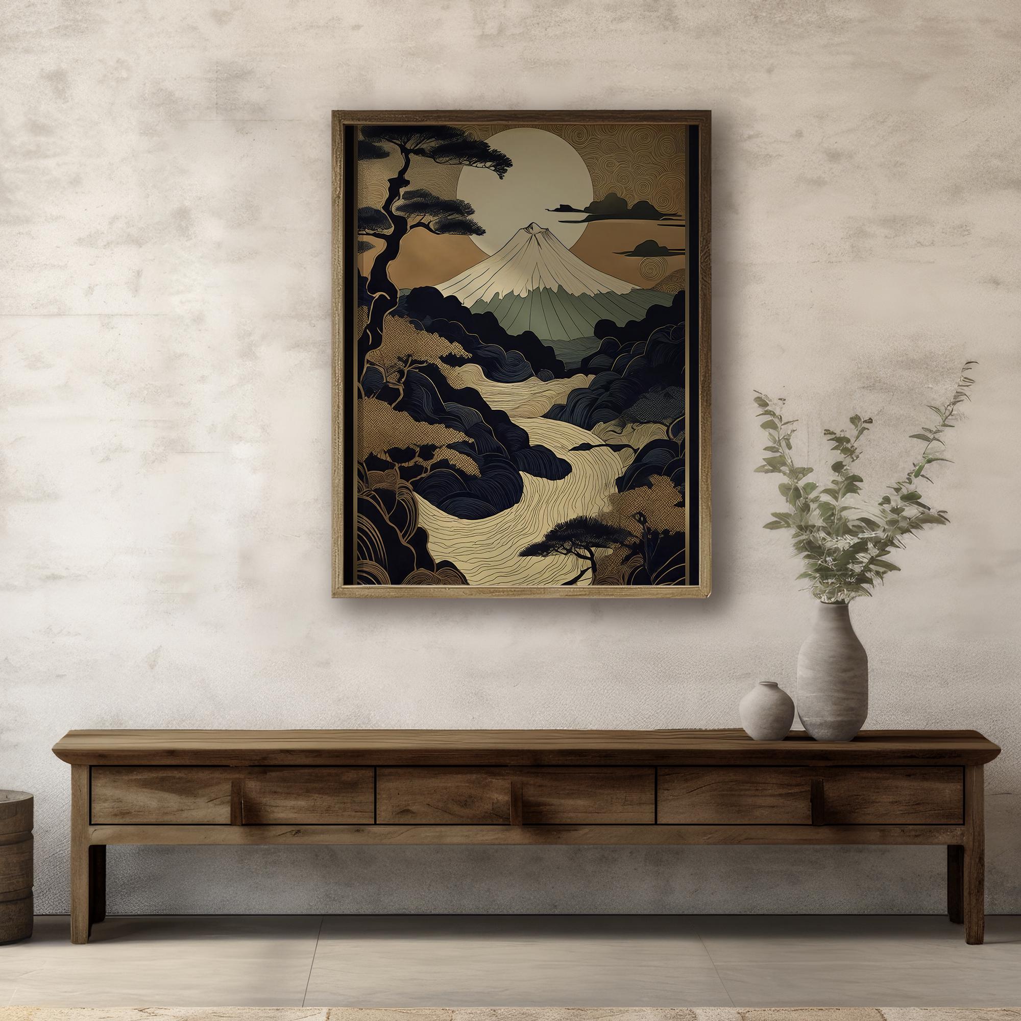 Black and Gold Japanese Landscape Art Print: Ukiyo-e Japandi Style ...
