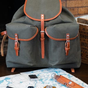 Classic Two-Pocket Rucksack Olive Green Canvas and Leather