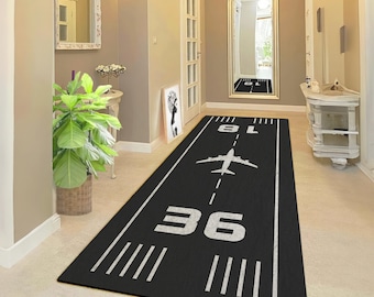 Airport Runway Black Rug Runner - Airplane Design for Kids Room, Playroom, or Long Hallway Decor