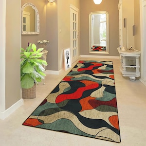 Modern Abstract Hallway Runner Rug, Colorful Wave Design, Custom Size Corridor Carpet, Abstract Area Rug for Hallways