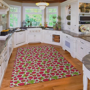 Strawberry Patch Kitchen Rug – Lush Fruit Print for Vibrant Kitchen Decor, Non Slip Machine Washable Cute Rug, Kitchen Rug