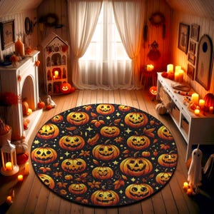 Round Halloween Rug with Smiling Jack-O&#39;-Lantern Design – Festive Pumpkin Carpet for Fall Home Decor