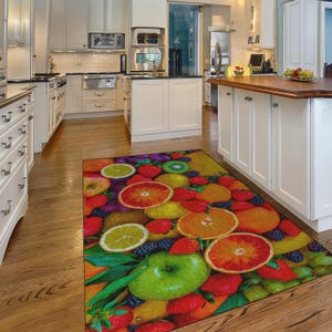 Colorful Citrus and Berry Kitchen Rug – Vibrant Fruit Design for a Fresh, Lively Space, Non Slip Machine Washable Cute Rug, Kitchen Rug