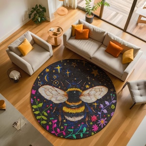 Bee Round Rug, Floral Design Carpet, Honeybee Decor, Nature Inspired Rug, Custom Area Rug, Boho Style Rug