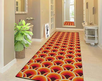 Geometrischer Retro-Stil Läufer - Kräftiges Rot und Orange Groovy Muster für Flure - Rutschfestes Design, ideal für Flure und Eingangsbereiche
