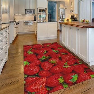 Bright Red Strawberry Kitchen Rug – Lively Fruit Print for Kitchen Decor, Non Slip Machine Washable Cute Rug, Kitchen Rug