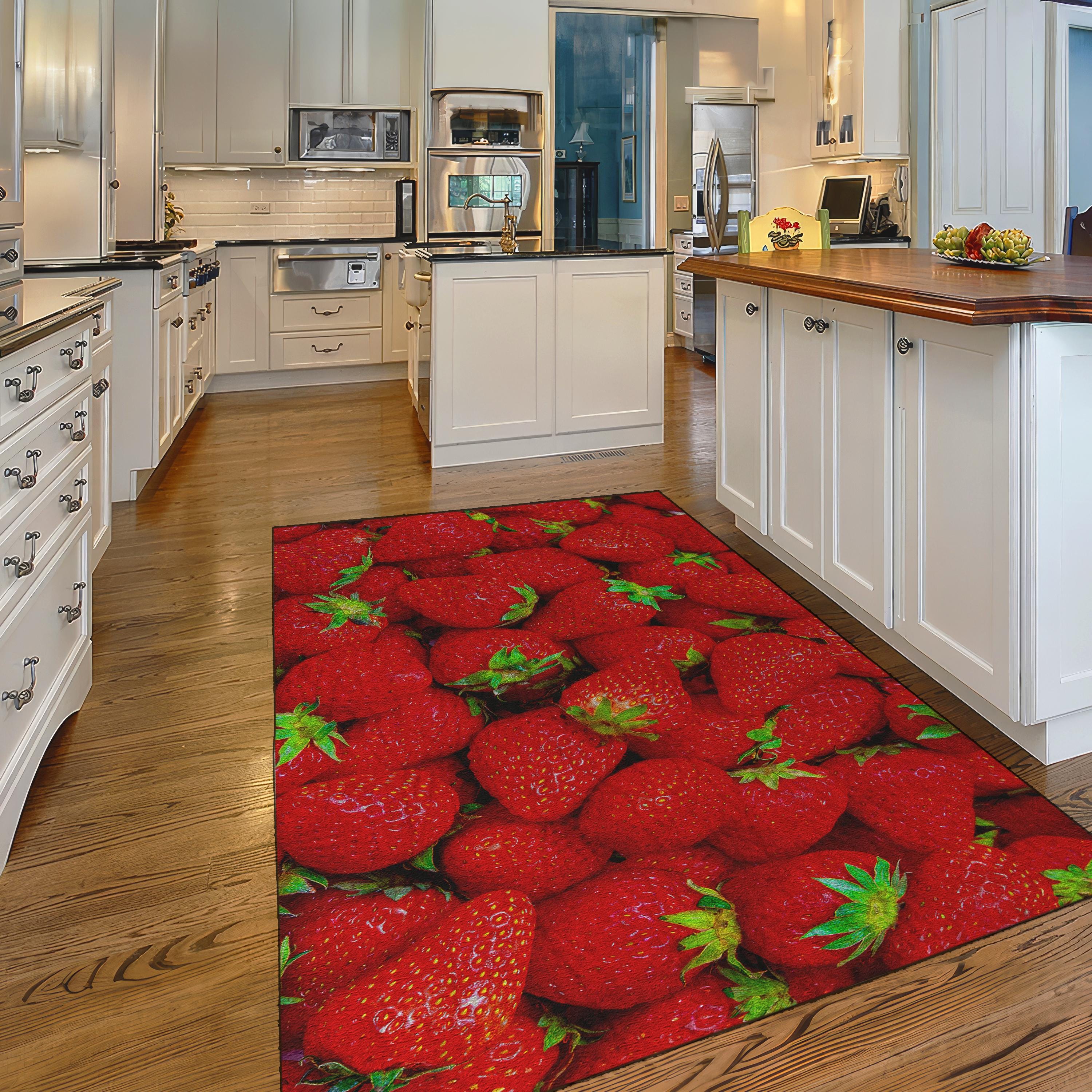 Bright Red Strawberry Kitchen Rug – Lively Fruit Print for Kitchen Decor, Non Slip Machine Washable Cute Rug, Kitchen Rug
