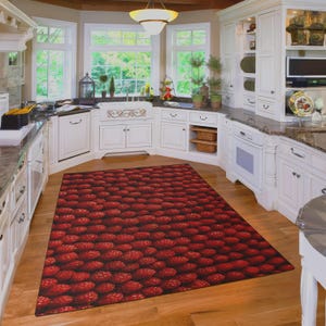 Raspberry Red Kitchen Rug – Bold Fruit Pattern Mat for a Vibrant Kitchen Look, Non Slip Machine Washable Cute Rug, Kitchen Rug
