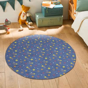 Shooting Stars Round Kids Rug – Celestial Themed Carpet for Playroom or Nursery and Moons for Nursery or Bedroom