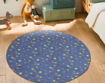 Shooting Stars Round Kids Rug – Celestial Themed Carpet for Playroom or Nursery and Moons for Nursery or Bedroom