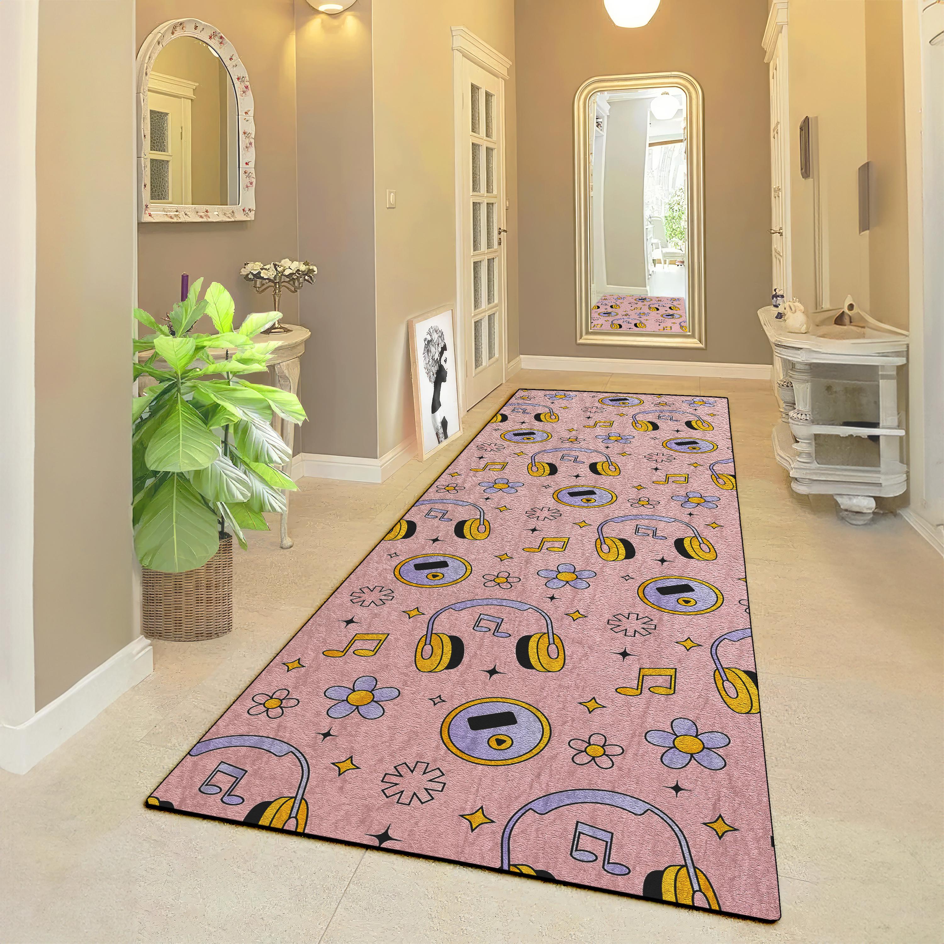 Alfombra rosa con temática musical, auriculares y notas musicales - Decoración retro para recibidores