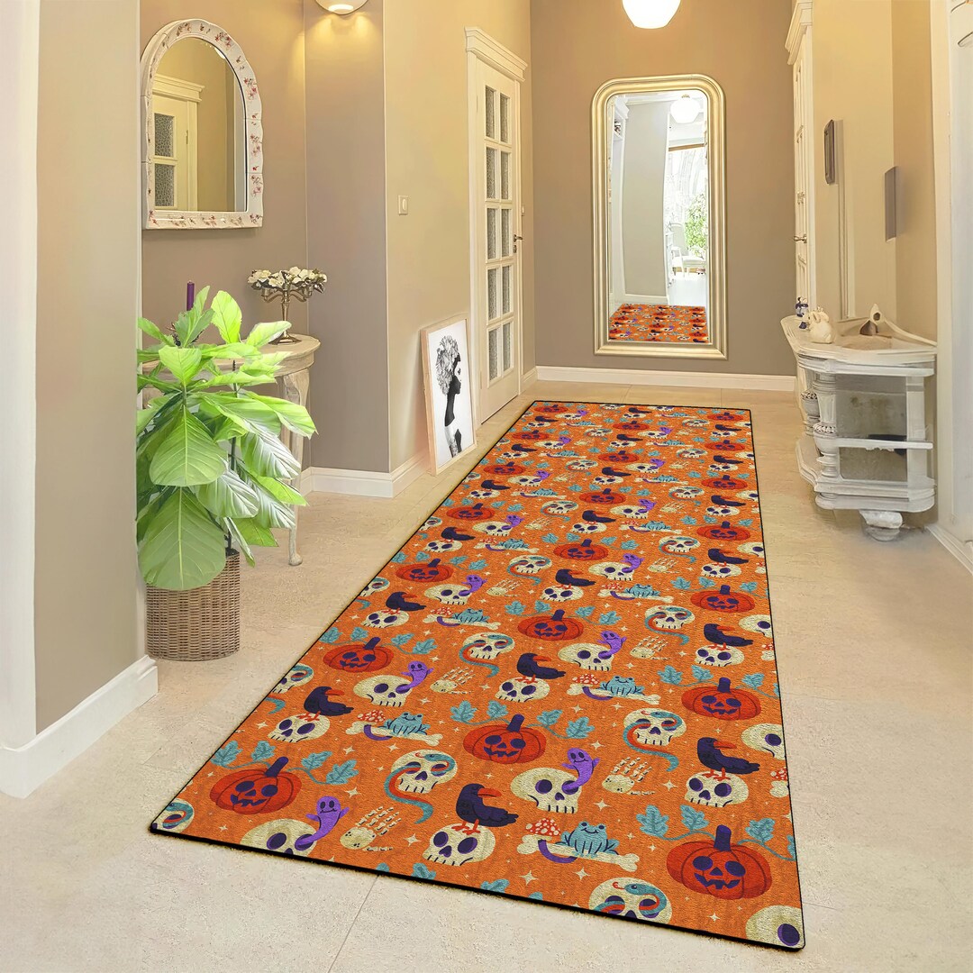 Festive Halloween Runner Rug With Pumpkins and Skulls on Orange ...