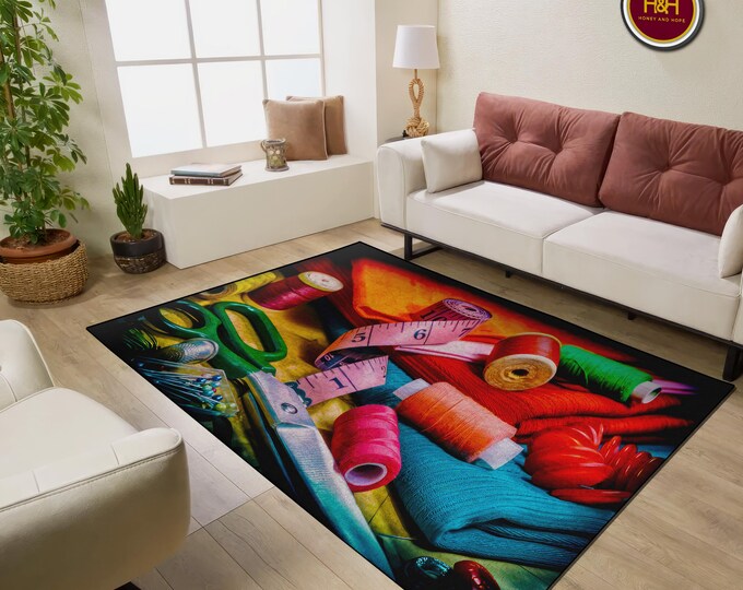 Sewing Theme Area Rug: Colorful Craft Room Decor, Non-slip, Machine ...