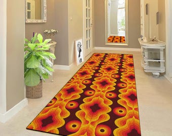 Alfombra de pasillo geométrica retro con diseño de ondas rojas y naranjas para un pasillo llamativo. Diseño antideslizante, ideal para pasillos y entradas.