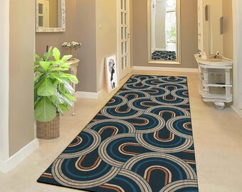 Alfombra de pasillo con diseño de arco retro en azul, naranja y beige, diseño antideslizante, ideal para pasillos modernos.
