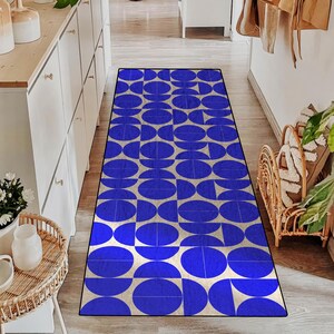 Modern Runner Rug with Blue and Gray Geometric Chevron Pattern - Non-Slip Design, Ideal for Hallways and Entryways