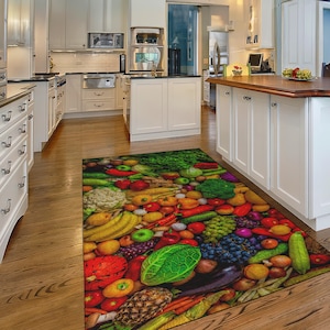 Vibrant Fruits and Vegetables Kitchen Rug – Colorful Produce Design for Healthy Living Spaces, Non Slip Machine Washable Cute Rug