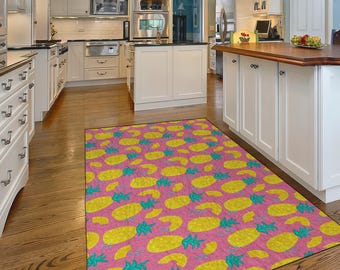 Bright Pink Pineapple-Themed Kitchen Rug – Tropical Yellow Pineapples for a Fun Vibe, Non Slip Machine Washable Cute Rug, Kitchen Rug