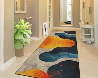 Alfombra de pasillo abstracta moderna con diseño de ondas artísticas coloridas, antideslizante, tamaño personalizado.