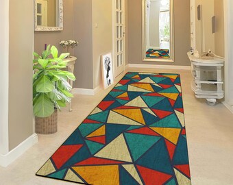 Modern Geometric Runner Rug - Colorful Hallway Runner with Triangle Pattern, Non-Slip Design Cool Runner for Modern Corridors,