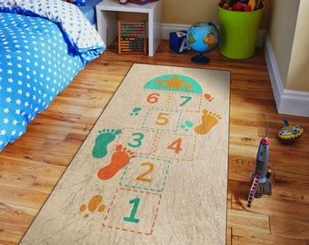 Children&#39;s Hopscotch Runner Rug – Beige, Orange, Green Play Mat for Kids’ Room or Play Area